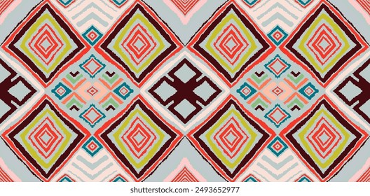 Modern geometric pattern with diamonds, triangle, stripes, diagonal and square lines art. Ikat print. Zigzag chevron abstract op-art illustration. Trendy bauhaus pattern. Scandinavian, African rug.