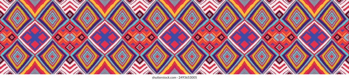 Modern geometric pattern with diamonds, triangle, stripes, diagonal and square lines art. Ikat print. Zigzag chevron abstract op-art illustration. Trendy bauhaus pattern. Scandinavian, African rug.