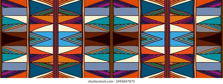 Modern geometric pattern with diamonds, triangle, stripes, diagonal and square lines art. Ikat print. Zigzag chevron abstract op-art illustration. Trendy bauhaus pattern. Scandinavian, African rug.