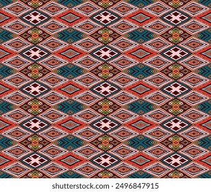Modern geometric pattern with diamonds, triangle, stripes, diagonal and square lines art. Ikat print. Zigzag chevron abstract op-art illustration. Trendy bauhaus pattern. Scandinavian, African rug.