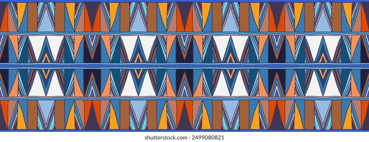 Modern geometric pattern with diamonds, triangle, stripes, diagonal and square lines art. Ikat print. Zigzag chevron abstract op-art illustration. Trendy bauhaus pattern. Scandinavian, African rug.