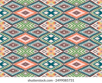 Modern geometric pattern with diamonds, triangle, stripes, diagonal and square lines art. Ikat print. Zigzag chevron abstract op-art illustration. Trendy bauhaus pattern. Scandinavian, African rug.