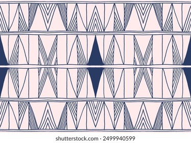 Modern geometric pattern. Diamonds, triangle, stripes, diagonal lines art. Retro futuristic background. Minimalistic figures. Ikat zigzag chevron op-art, bauhaus print. Scandinavian, African rug