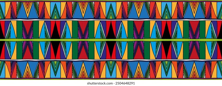 Modern geometric pattern with diamonds, triangle, stripes, diagonal and square lines art. Ikat print. Zigzag chevron abstract op-art illustration. Trendy bauhaus pattern. Scandinavian, African rug.