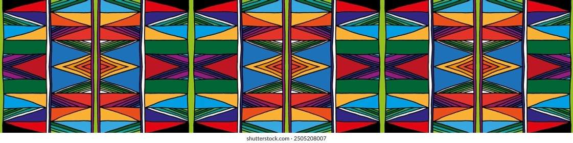 Modern geometric pattern with diamonds, triangle, stripes, diagonal and square lines art. Ikat print. Zigzag chevron abstract op-art illustration. Trendy bauhaus pattern. Scandinavian, African rug.