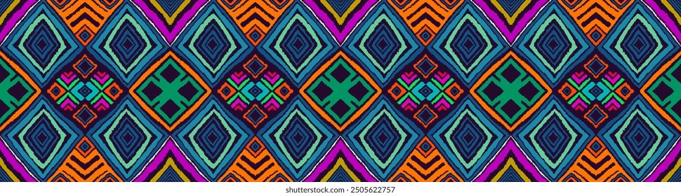 Modern geometric pattern with diamonds, triangle, stripes, diagonal and square lines art. Ikat print. Zigzag chevron abstract op-art illustration. Trendy bauhaus pattern. Scandinavian, African rug.