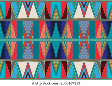 Modern geometric pattern with diamonds, triangle, stripes, diagonal and square lines art. Ikat print. Zigzag chevron abstract op-art illustration. Trendy bauhaus pattern. Scandinavian, African rug.
