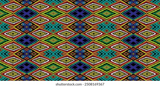 Modern geometric pattern with diamonds, triangle, stripes, diagonal and square lines art. Ikat print. Zigzag chevron abstract op-art illustration. Trendy bauhaus pattern. Scandinavian, African rug.