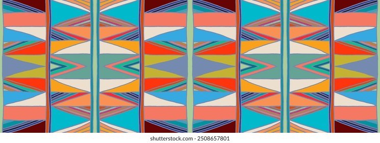 Padrão geométrico moderno com diamantes, triângulo, listras, diagonal e linhas quadradas arte. Ikat imprimir. Ilustração abstrata em chevron em ziguezague. Trendy bauhaus padrão. Escandinavo, tapete africano.