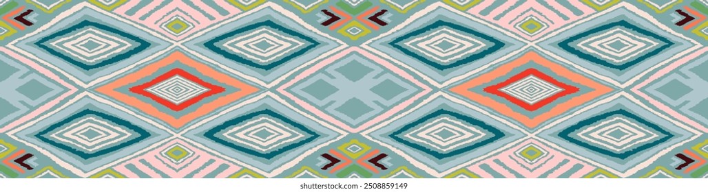 Padrão geométrico moderno com diamantes, triângulo, listras, diagonal e linhas quadradas arte. Ikat imprimir. Ilustração abstrata em chevron em ziguezague. Trendy bauhaus padrão. Escandinavo, tapete africano.