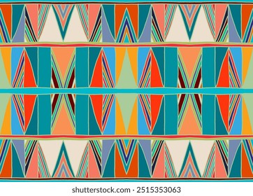 Modern geometric pattern with diamonds, triangle, stripes, diagonal and square lines art. Ikat print. Zigzag chevron abstract op-art illustration. Trendy bauhaus pattern. Scandinavian, African rug.