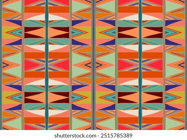 Padrão geométrico moderno com diamantes, triângulo, listras, diagonal e linhas quadradas arte. Ikat imprimir. Ilustração abstrata em chevron em ziguezague. Trendy bauhaus padrão. Escandinavo, tapete africano.