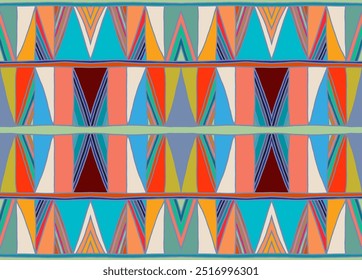 Modern geometric pattern with diamonds, triangle, stripes, diagonal and square lines art. Ikat print. Zigzag chevron abstract op-art illustration. Trendy bauhaus pattern. Scandinavian, African rug.
