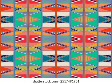 Modern geometric pattern with diamonds, triangle, stripes, diagonal and square lines art. Ikat print. Zigzag chevron abstract op-art illustration. Trendy bauhaus pattern. Scandinavian, African rug.