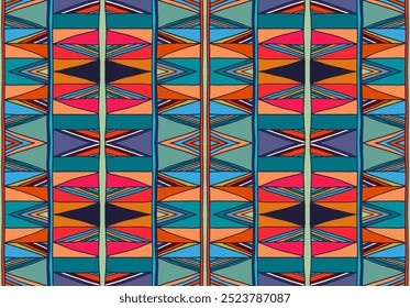 Modern geometric pattern with diamonds, triangle, stripes, diagonal and square lines art. Ikat print. Zigzag chevron abstract op-art illustration. Trendy bauhaus pattern. Scandinavian, African rug.