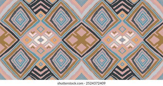 Modern geometric pattern with diamonds, triangle, stripes, diagonal and square lines art. Ikat print. Zigzag chevron abstract op-art illustration. Trendy bauhaus pattern. Scandinavian, African rug.