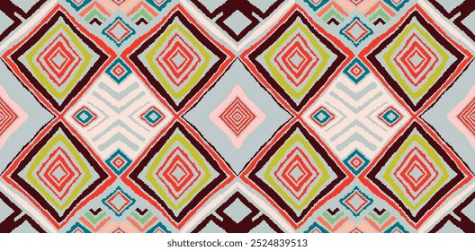 Modern geometric pattern with diamonds, triangle, stripes, diagonal and square lines art. Ikat print. Zigzag chevron abstract op-art illustration. Trendy bauhaus pattern. Scandinavian, African rug.