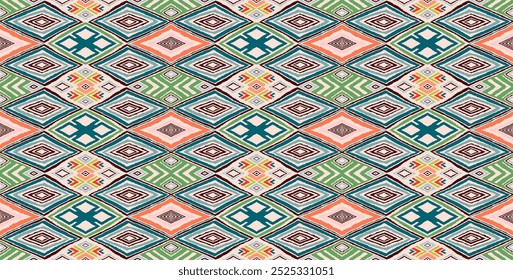 Modern geometric pattern with diamonds, triangle, stripes, diagonal and square lines art. Ikat print. Zigzag chevron abstract op-art illustration. Trendy bauhaus pattern. Scandinavian, African rug.
