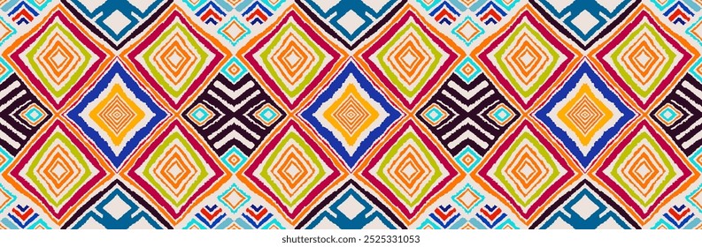 Modern geometric pattern with diamonds, triangle, stripes, diagonal and square lines art. Ikat print. Zigzag chevron abstract op-art illustration. Trendy bauhaus pattern. Scandinavian, African rug.