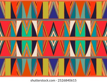 Modern geometric pattern with diamonds, triangle, stripes, diagonal and square lines art. Ikat print. Zigzag chevron abstract op-art illustration. Trendy bauhaus pattern. Scandinavian, African rug.