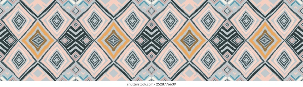 Modern geometric pattern with diamonds, triangle, stripes, diagonal and square lines art. Ikat print. Zigzag chevron abstract op-art illustration. Trendy bauhaus pattern. Scandinavian, African rug.