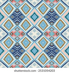 Modern geometric pattern with diamonds, triangle, stripes, diagonal and square lines art. Ikat print. Zigzag chevron abstract op-art illustration. Trendy bauhaus pattern. Scandinavian, African rug.