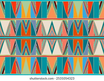 Modern geometric pattern with diamonds, triangle, stripes, diagonal and square lines art. Ikat print. Zigzag chevron abstract op-art illustration. Trendy bauhaus pattern. Scandinavian, African rug.