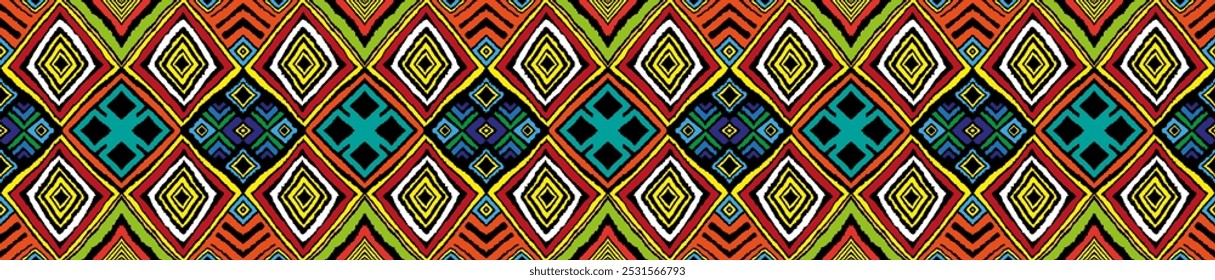 Modern geometric pattern with diamonds, triangle, stripes, diagonal and square lines art. Ikat print. Zigzag chevron abstract op-art illustration. Trendy bauhaus pattern. Scandinavian, African rug.