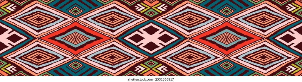 Modern geometric pattern with diamonds, triangle, stripes, diagonal and square lines art. Ikat print. Zigzag chevron abstract op-art illustration. Trendy bauhaus pattern. Scandinavian, African rug.