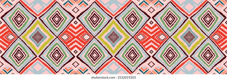 Modern geometric pattern with diamonds, triangle, stripes, diagonal and square lines art. Ikat print. Zigzag chevron abstract op-art illustration. Trendy bauhaus pattern. Scandinavian, African rug.