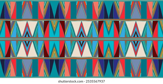 Modern geometric pattern with diamonds, triangle, stripes, diagonal and square lines art. Ikat print. Zigzag chevron abstract op-art illustration. Trendy bauhaus pattern. Scandinavian, African rug.