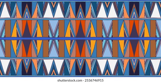 Modern geometric pattern with diamonds, triangle, stripes, diagonal and square lines art. Ikat print. Zigzag chevron abstract op-art illustration. Trendy bauhaus pattern. Scandinavian, African rug.