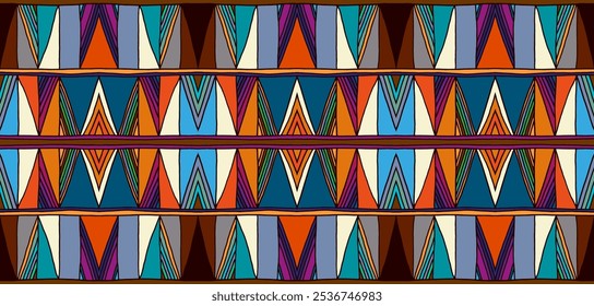 Modern geometric pattern with diamonds, triangle, stripes, diagonal and square lines art. Ikat print. Zigzag chevron abstract op-art illustration. Trendy bauhaus pattern. Scandinavian, African rug.