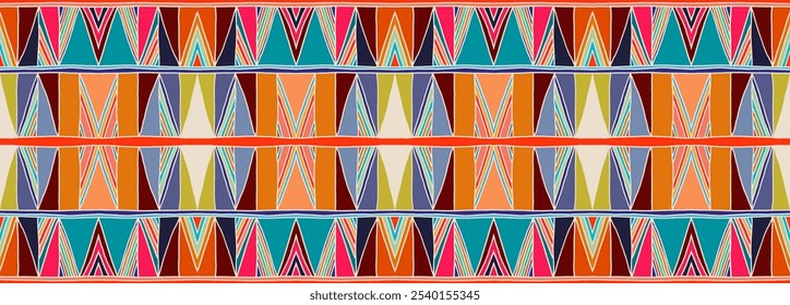 Modern geometric pattern with diamonds, triangle, stripes, diagonal and square lines art. Ikat print. Zigzag chevron abstract op-art illustration. Trendy bauhaus pattern. Scandinavian, African rug.