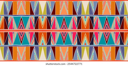 Modern geometric pattern with diamonds, triangle, stripes, diagonal and square lines art. Ikat print. Zigzag chevron abstract op-art illustration. Trendy bauhaus pattern. Scandinavian, African rug.
