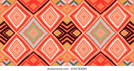 Modernes geometrisches Muster mit Diamanten, Dreieck, Streifen, diagonalen und quadratischen Linien Kunst. Ikat-Druck. Zigzag Chevron abstrakte Op-Art-Illustration. Trendy Bauhaus Muster. Skandinavischer, afrikanischer Teppich.