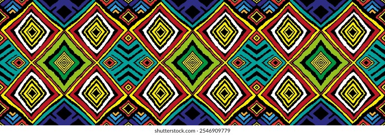 Modern geometric pattern with diamonds, triangle, stripes, diagonal and square lines art. Ikat print. Zigzag chevron abstract op-art illustration. Trendy bauhaus pattern. Scandinavian, African rug.