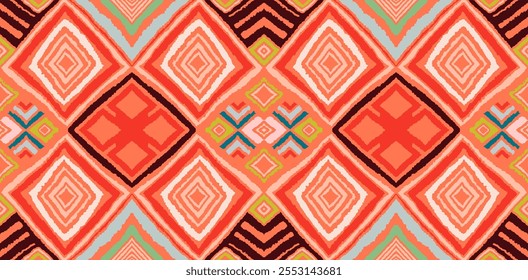 Padrão geométrico moderno com diamantes, triângulo, listras, diagonal e linhas quadradas arte. Ikat imprimir. Ilustração abstrata em chevron em ziguezague. Trendy bauhaus padrão. Escandinavo, tapete africano.