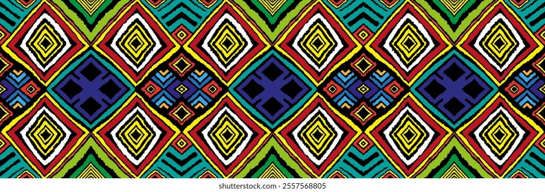 Modern geometric pattern with diamonds, triangle, stripes, diagonal and square lines art. Ikat print. Zigzag chevron abstract op-art illustration. Trendy bauhaus pattern. Scandinavian, African rug.