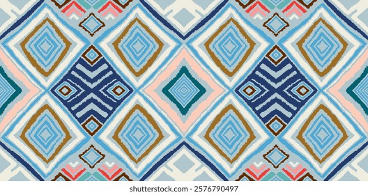 Modern geometric pattern with diamonds, triangle, stripes, diagonal and square lines art. Ikat print. Zigzag chevron abstract op-art illustration. Trendy bauhaus pattern. Scandinavian, African rug.