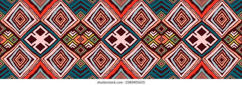Modern geometric pattern with diamonds, triangle, stripes, diagonal and square lines art. Ikat print. Zigzag chevron abstract op-art illustration. Trendy bauhaus pattern. Scandinavian, African rug.
