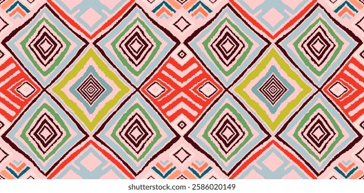 Modern geometric pattern with diamonds, triangle, stripes, diagonal and square lines art. Ikat print. Zigzag chevron abstract op-art illustration. Trendy bauhaus pattern. Scandinavian, African rug.