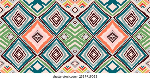 Modern geometric pattern with diamonds, triangle, stripes, diagonal and square lines art. Ikat print. Zigzag chevron abstract op-art illustration. Trendy bauhaus pattern. Scandinavian, African rug.