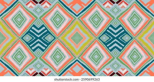Modern geometric pattern with diamonds, triangle, stripes, diagonal and square lines art. Ikat print. Zigzag chevron abstract op-art illustration. Trendy bauhaus pattern. Scandinavian, African rug.