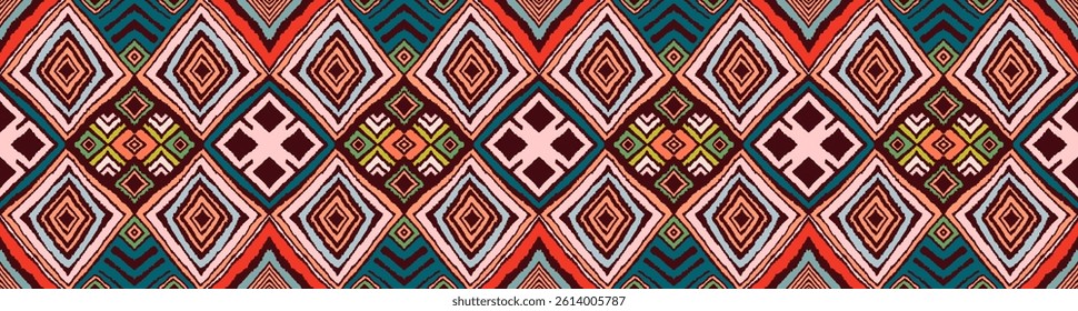 Modern geometric pattern with diamonds, triangle, stripes, diagonal and square lines art. Ikat print. Zigzag chevron abstract op-art illustration. Trendy bauhaus pattern. Scandinavian, African rug.