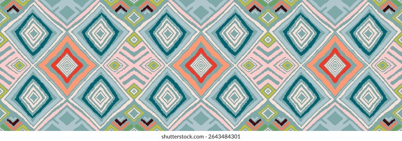 Modern geometric pattern with diamonds, triangle, stripes, diagonal and square lines art. Ikat print. Zigzag chevron abstract op-art illustration. Trendy bauhaus pattern. Scandinavian, African rug.