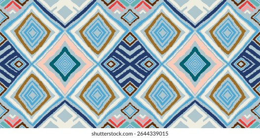 Modern geometric pattern with diamonds, triangle, stripes, diagonal and square lines art. Ikat print. Zigzag chevron abstract op-art illustration. Trendy bauhaus pattern. Scandinavian, African rug.