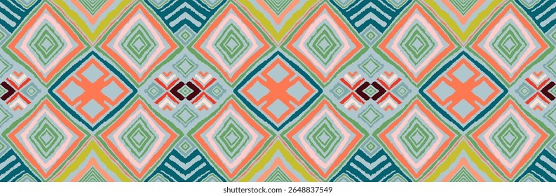 Modern geometric pattern with diamonds, triangle, stripes, diagonal and square lines art. Ikat print. Zigzag chevron abstract op-art illustration. Trendy bauhaus pattern. Scandinavian, African rug.