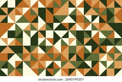 A modern geometric pattern of earthy-colored triangles. Features warm ochres, forest greens, and creams. Perfect for textiles, wallpapers, and retro designs.