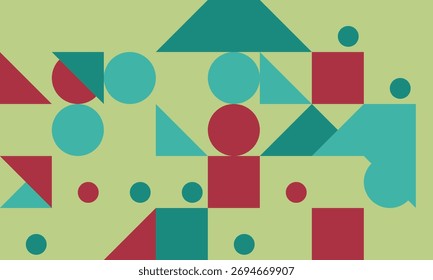 Modern Geometric Pattern Featuring Circles Squares and Triangles in Teal Red and Light Green Tones Perfect for Digital Art